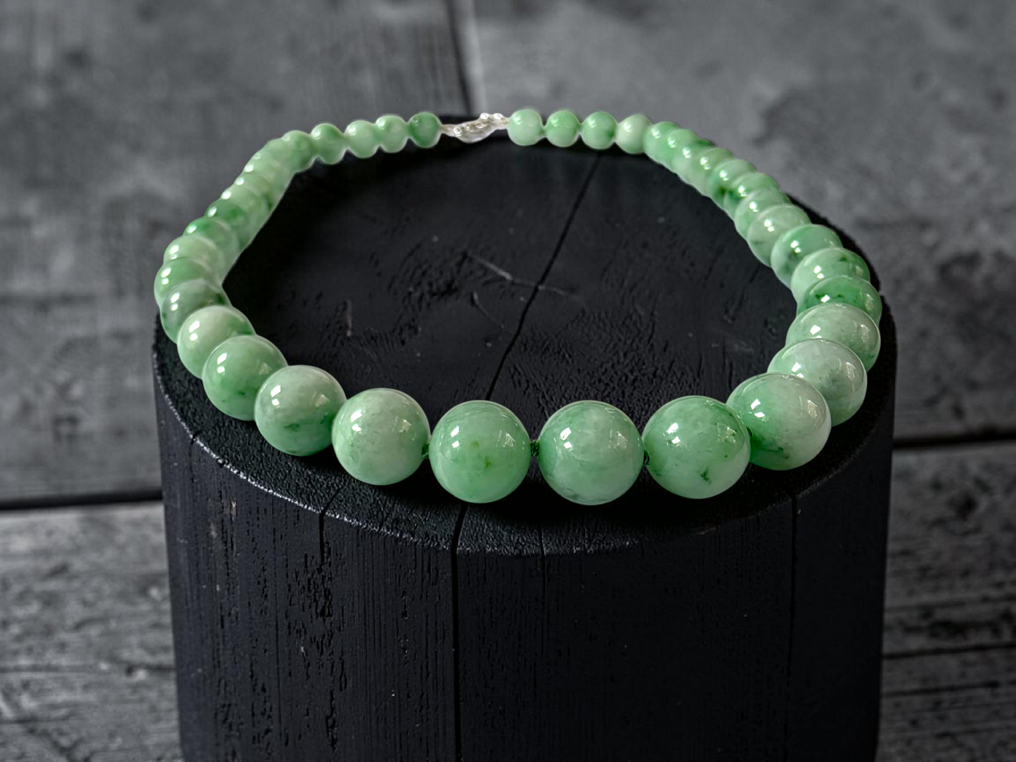 Winter Green Burmese A-Jade Beaded Long Necklace - 18.50 inches (10.50mm Each x 40 Beads) with Sterling Silver 925 - 10017