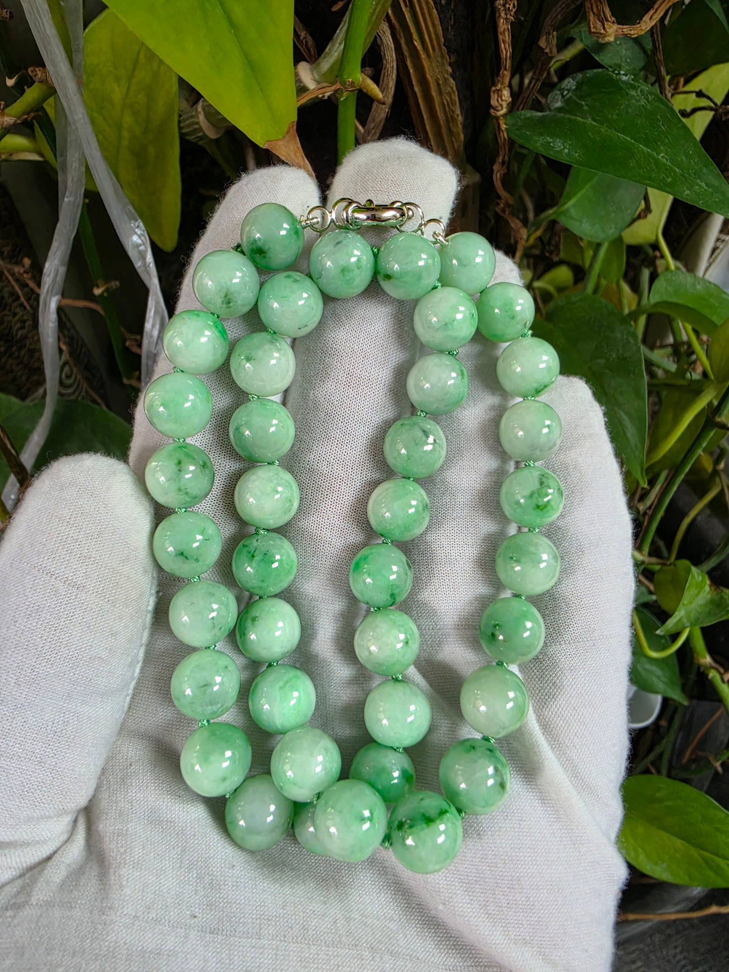 Winter Green Burmese A-Jade Beaded Long Necklace - 18.50 inches (10.50mm Each x 40 Beads) with Sterling Silver 925 - 10017