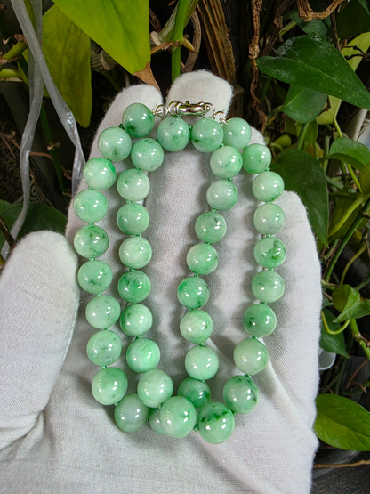Winter Green Burmese A-Jade Beaded Long Necklace - 18.50 inches (10.50mm Each x 40 Beads) with Sterling Silver 925 - 10017