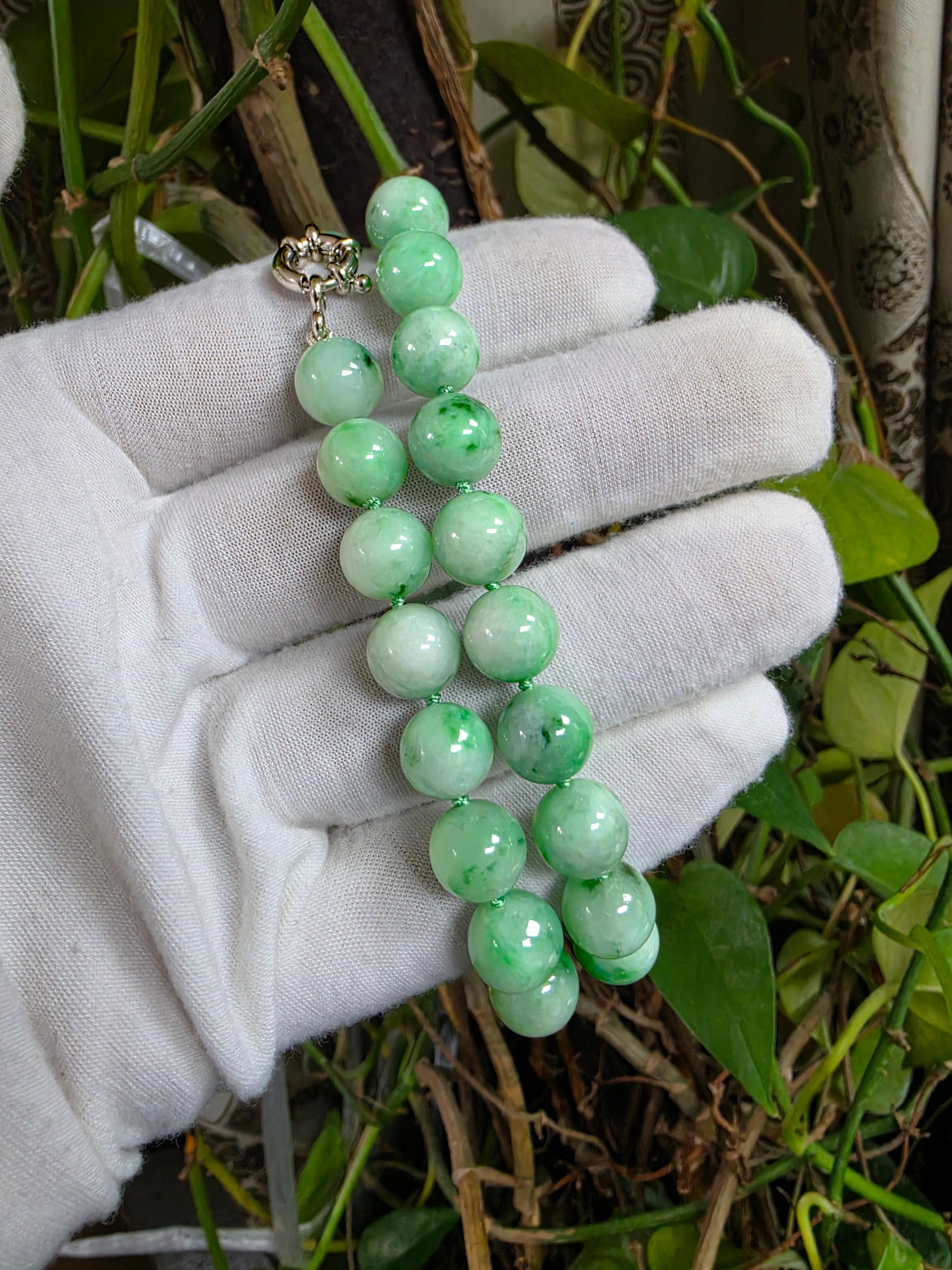 Winter Green Burmese A-Jade Beaded Long Necklace - 18.50 inches (10.50mm Each x 40 Beads) with Sterling Silver 925 - 10017