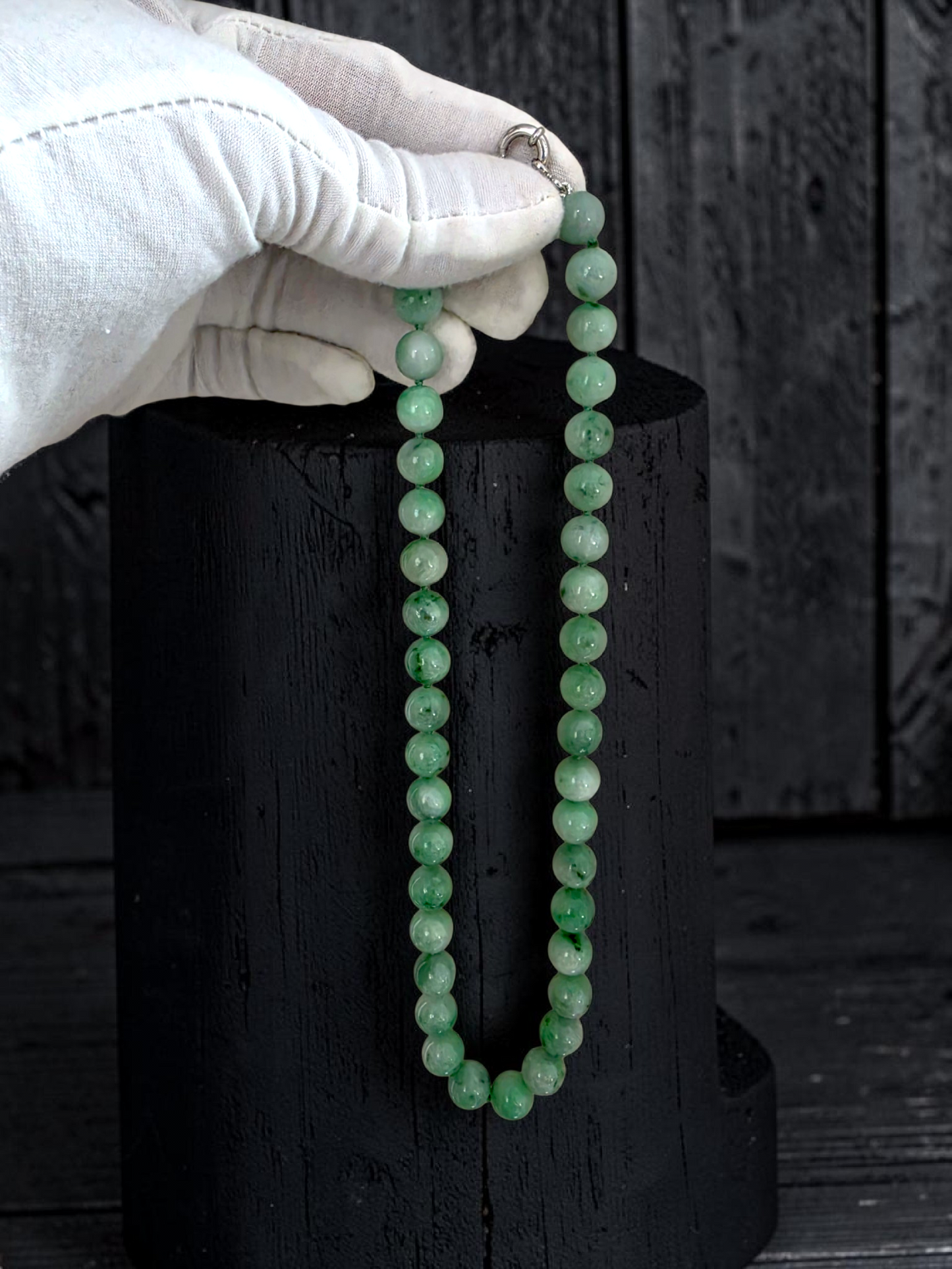 Winter Green Burmese A-Jade Beaded Long Necklace - 18.50 inches (10.50mm Each x 40 Beads) with Sterling Silver 925 - 10017