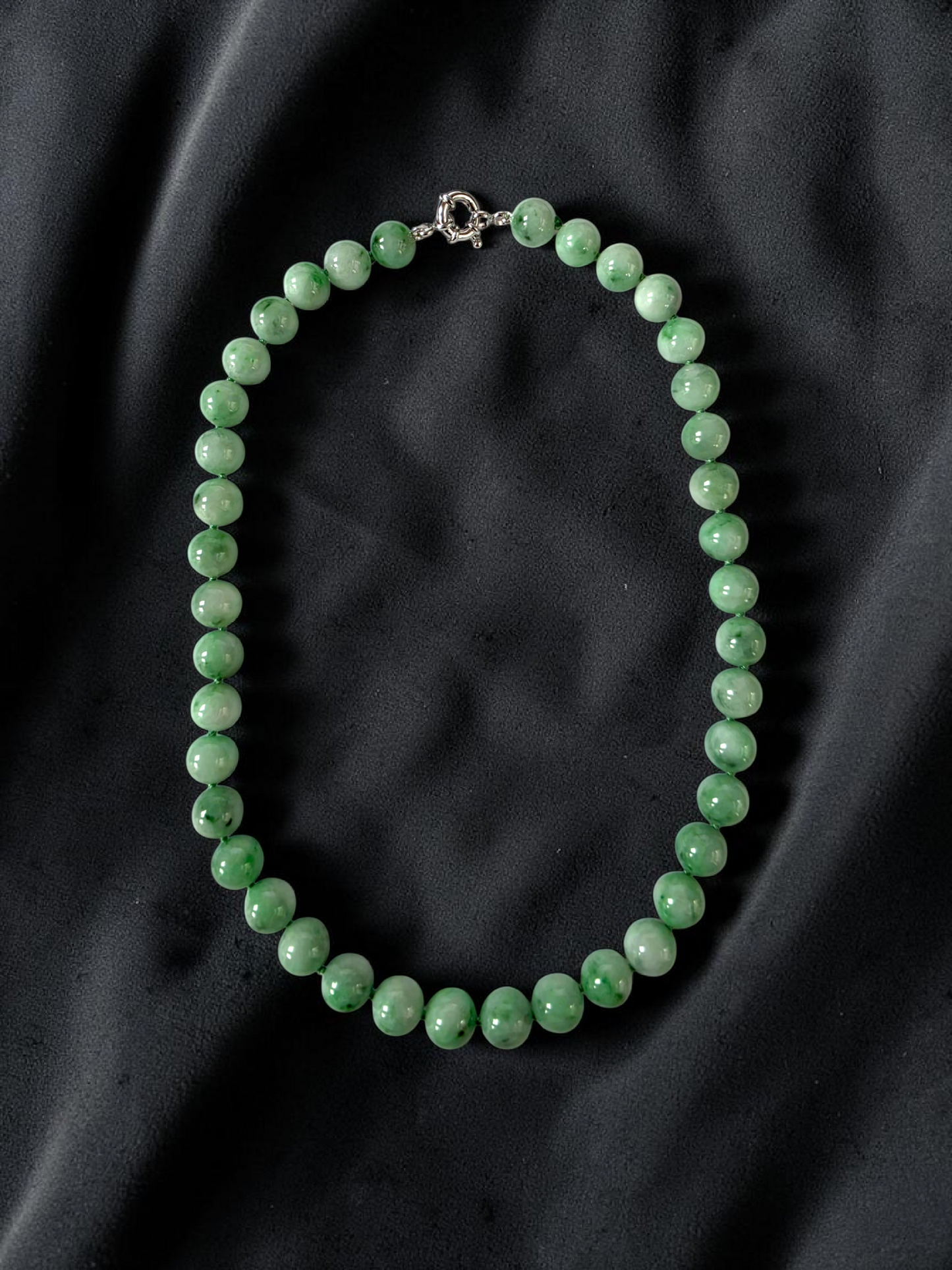 Winter Green Burmese A-Jade Beaded Long Necklace - 18.50 inches (10.50mm Each x 40 Beads) with Sterling Silver 925 - 10017