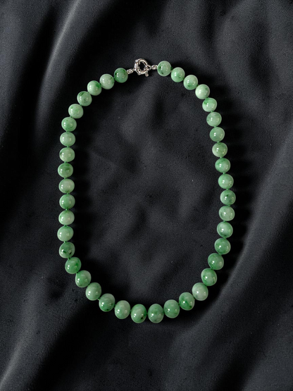 Winter Green Burmese A-Jade Beaded Long Necklace - 18.50 inches (10.50mm Each x 40 Beads) with Sterling Silver 925 - 10017