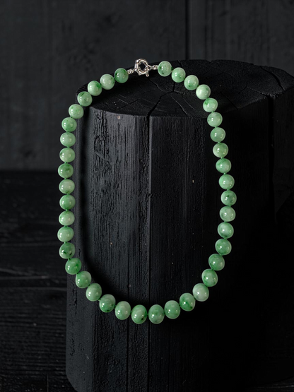 Winter Green Burmese A-Jade Beaded Long Necklace - 18.50 inches (10.50mm Each x 40 Beads) with Sterling Silver 925 - 10017