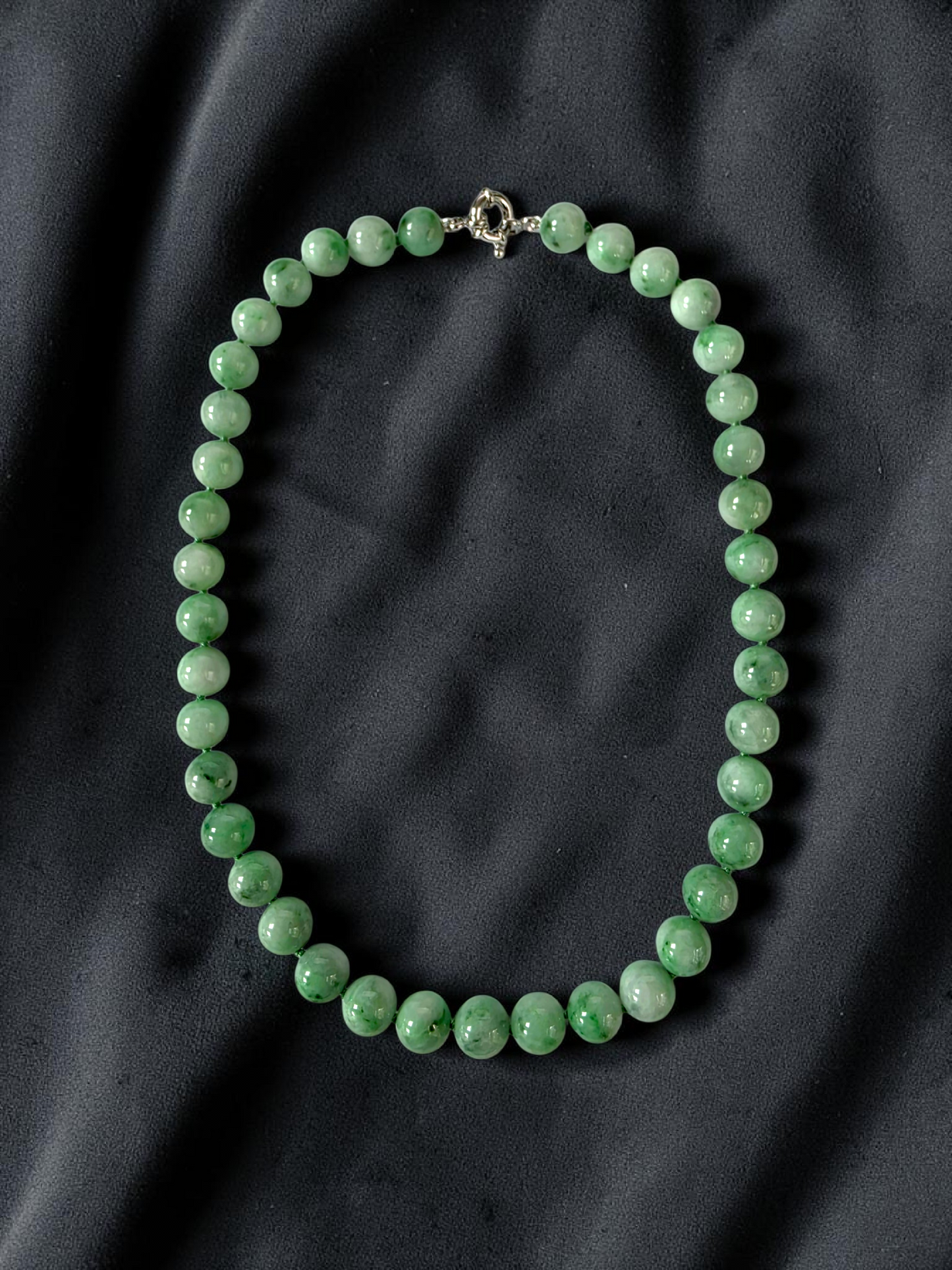Winter Green Burmese A-Jade Beaded Long Necklace - 18.50 inches (10.50mm Each x 40 Beads) with Sterling Silver 925 - 10017