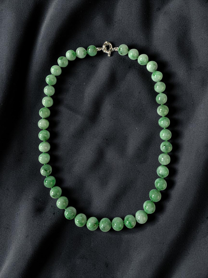 Winter Green Burmese A-Jade Beaded Long Necklace - 18.50 inches (10.50mm Each x 40 Beads) with Sterling Silver 925 - 10017