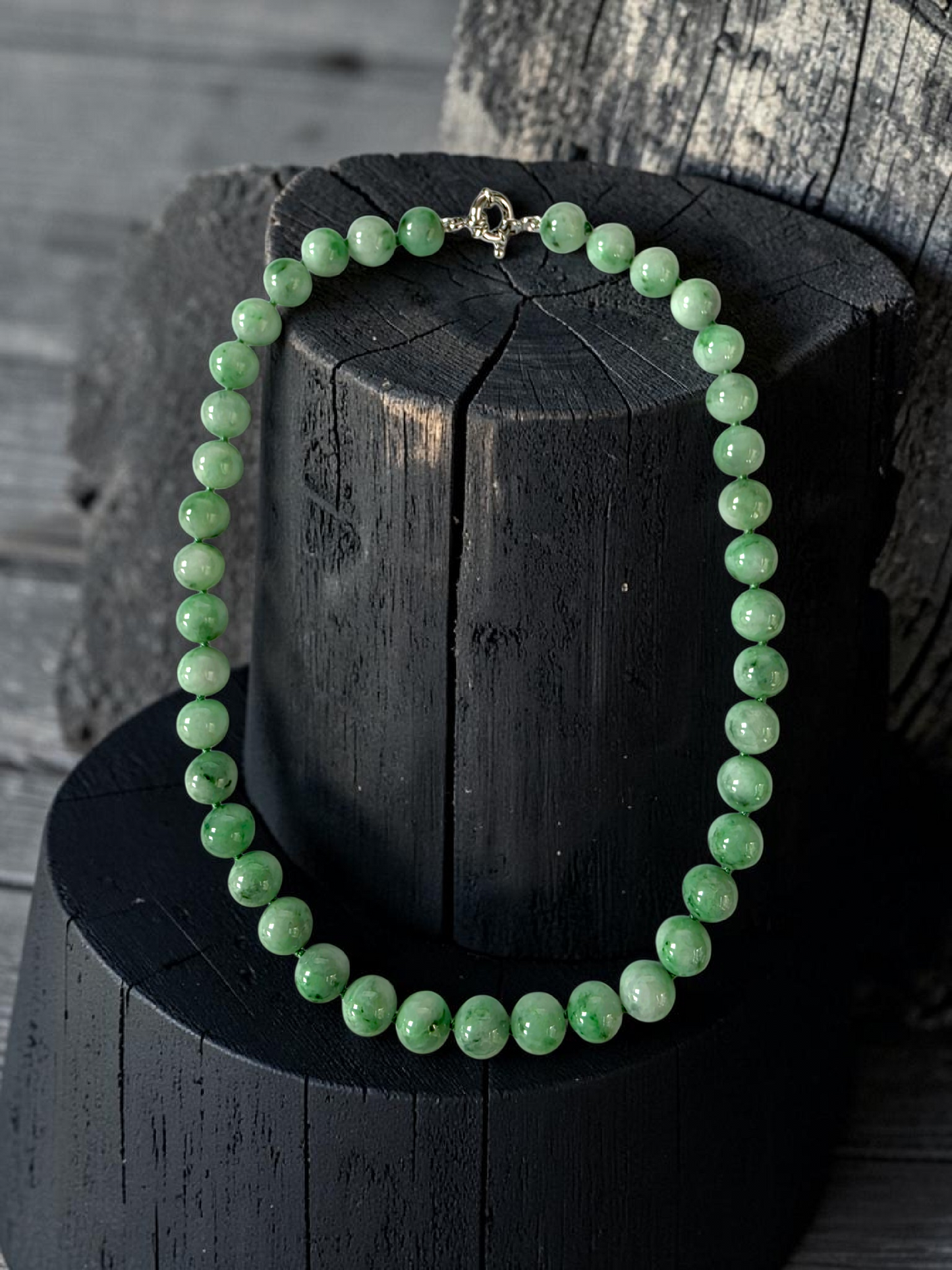 Winter Green Burmese A-Jade Beaded Long Necklace - 18.50 inches (10.50mm Each x 40 Beads) with Sterling Silver 925 - 10017