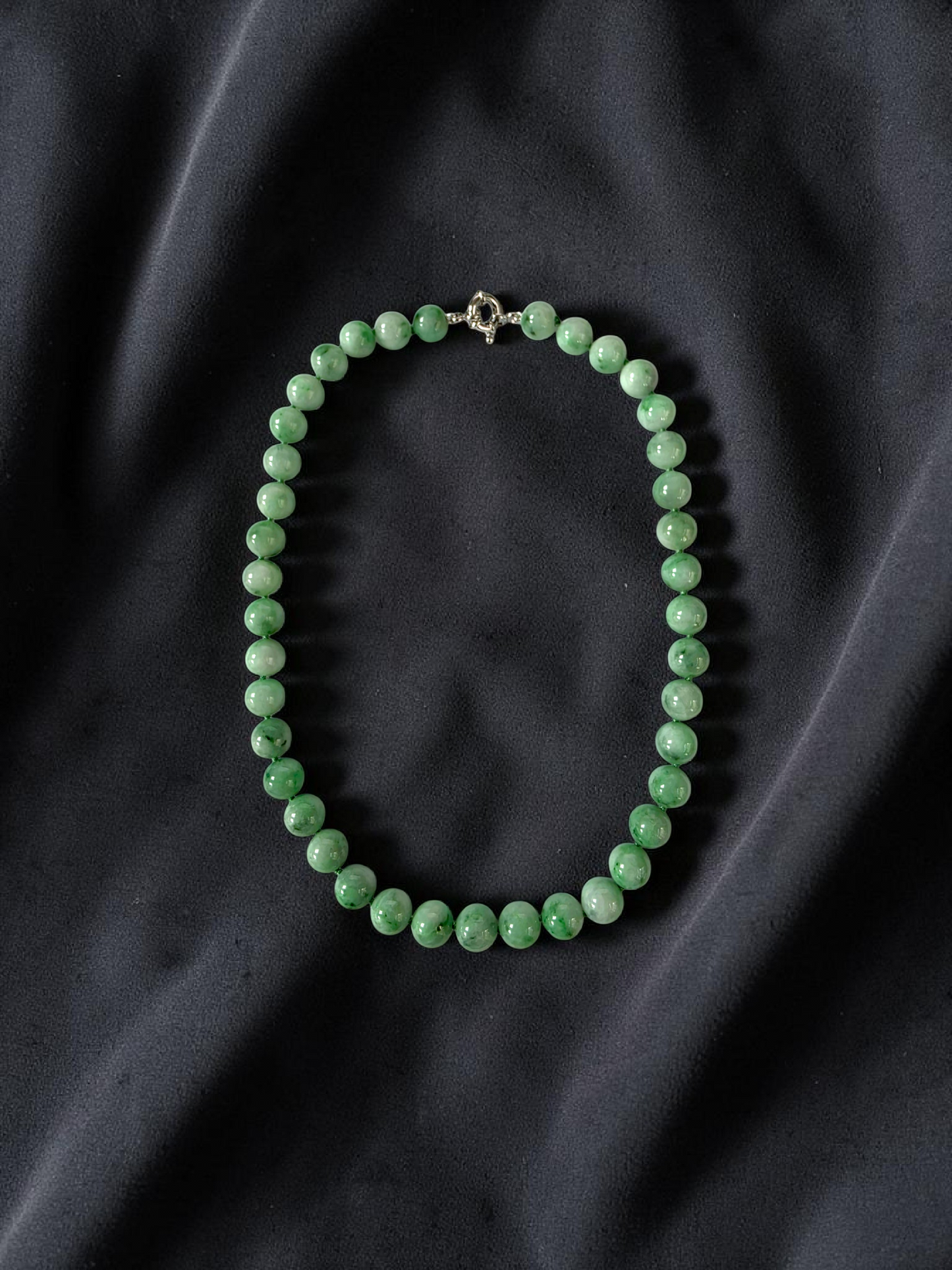 Winter Green Burmese A-Jade Beaded Long Necklace - 18.50 inches (10.50mm Each x 40 Beads) with Sterling Silver 925 - 10017