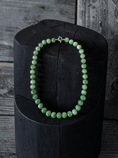 Winter Green Burmese A-Jade Beaded Long Necklace - 18.50 inches (10.50mm Each x 40 Beads) with Sterling Silver 925 - 10017