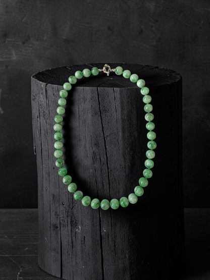 Winter Green Burmese A-Jade Beaded Long Necklace - 18.50 inches (10.50mm Each x 40 Beads) with Sterling Silver 925 - 10017