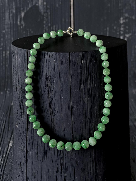 Winter Green Burmese A-Jade Beaded Long Necklace - 18.50 inches (10.50mm Each x 40 Beads) with Sterling Silver 925 - 10017