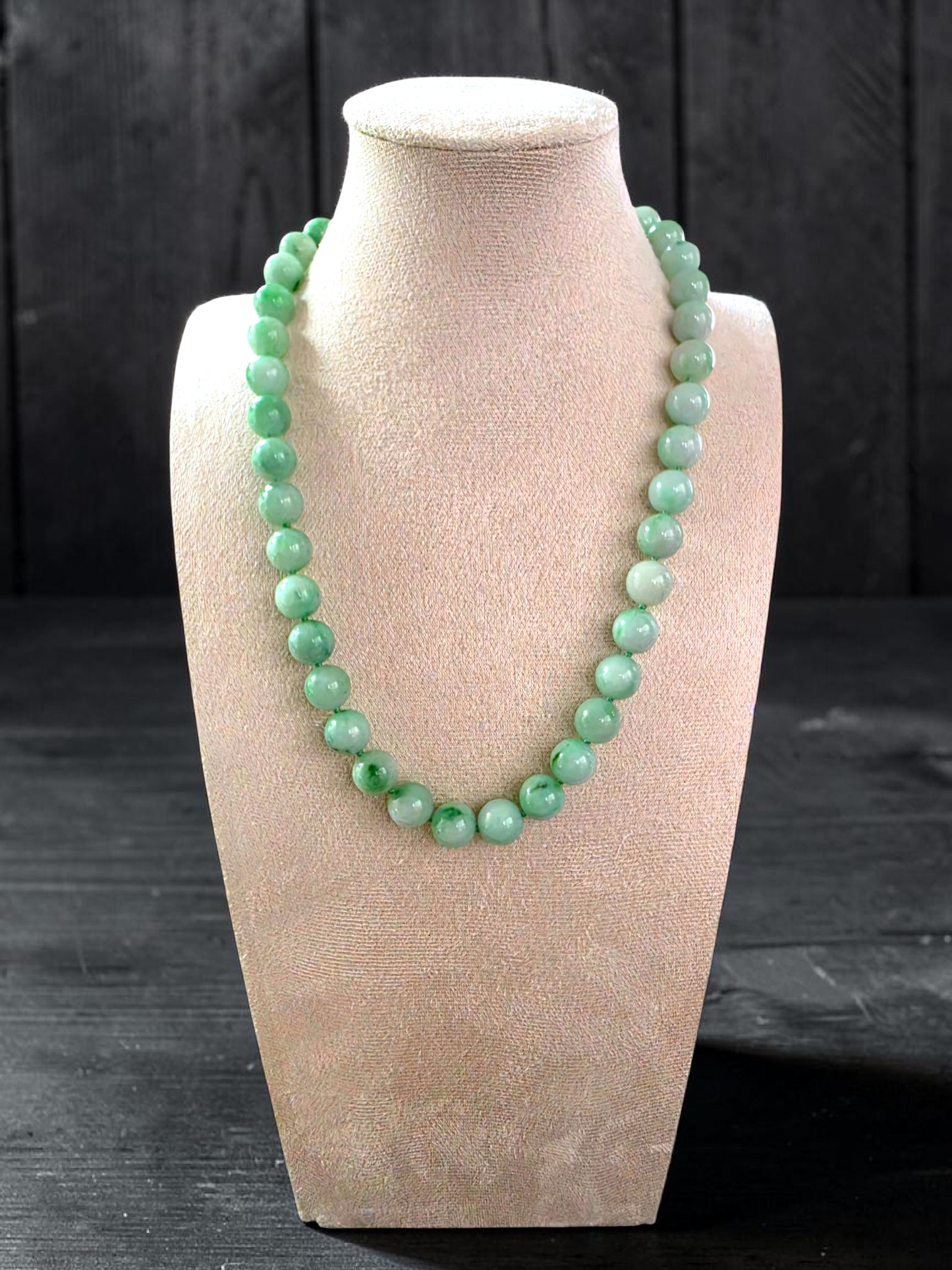 Winter Green Burmese A-Jade Beaded Long Necklace - 18.50 inches (10.50mm Each x 40 Beads) with Sterling Silver 925 - 10018