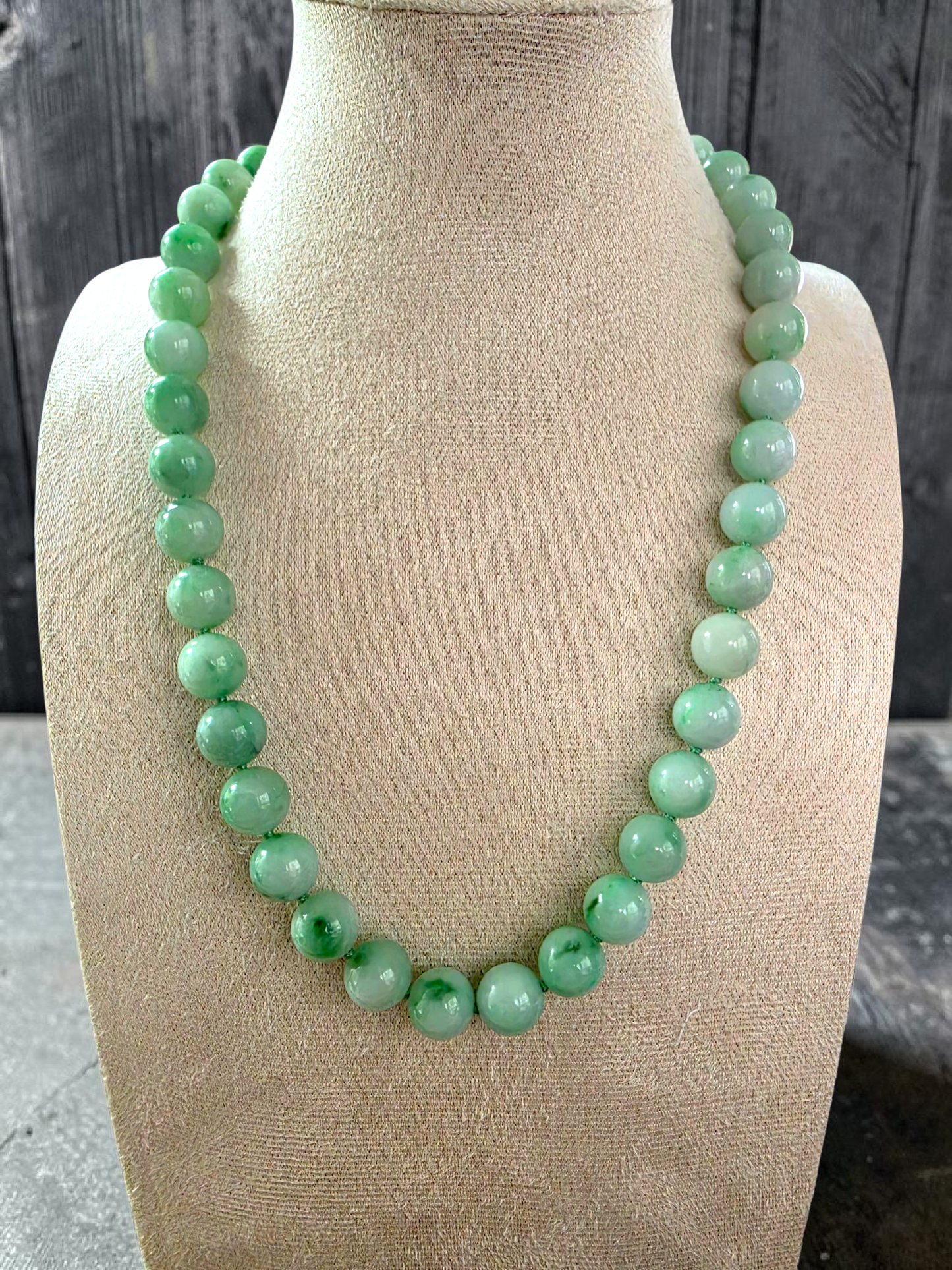 Winter Green Burmese A-Jade Beaded Long Necklace - 18.50 inches (10.50mm Each x 40 Beads) with Sterling Silver 925 - 10018