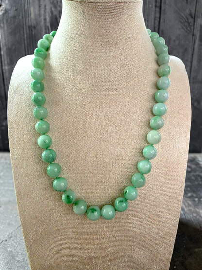 Winter Green Burmese A-Jade Beaded Long Necklace - 18.50 inches (10.50mm Each x 40 Beads) with Sterling Silver 925 - 10018