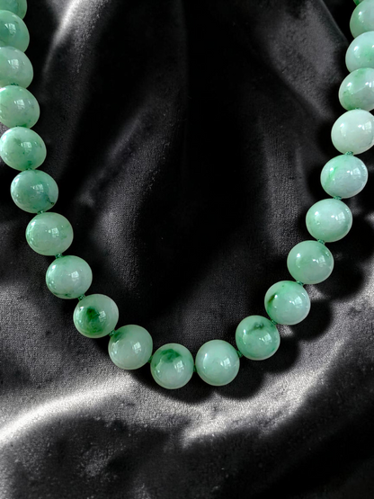 Winter Green Burmese A-Jade Beaded Long Necklace - 18.50 inches (10.50mm Each x 40 Beads) with Sterling Silver 925 - 10018