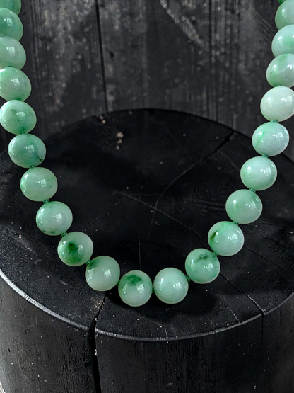 Winter Green Burmese A-Jade Beaded Long Necklace - 18.50 inches (10.50mm Each x 40 Beads) with Sterling Silver 925 - 10018