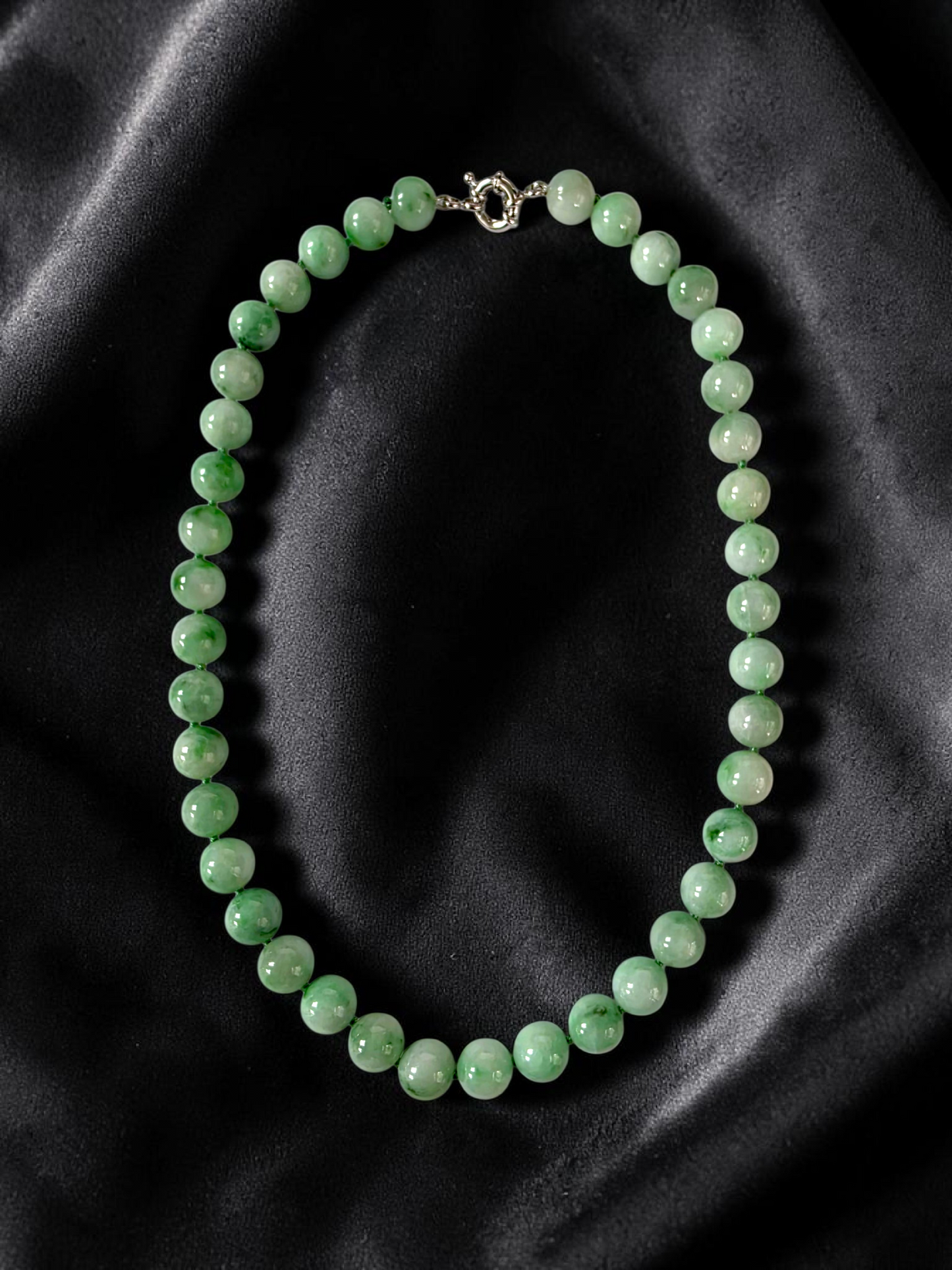 Winter Green Burmese A-Jade Beaded Long Necklace - 18.50 inches (10.50mm Each x 40 Beads) with Sterling Silver 925 - 10018