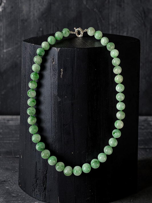 Winter Green Burmese A-Jade Beaded Long Necklace - 18.50 inches (10.50mm Each x 40 Beads) with Sterling Silver 925 - 10018