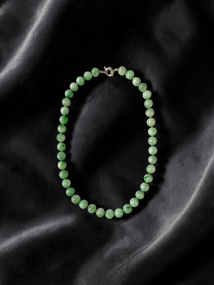 Winter Green Burmese A-Jade Beaded Long Necklace - 18.50 inches (10.50mm Each x 40 Beads) with Sterling Silver 925 - 10018