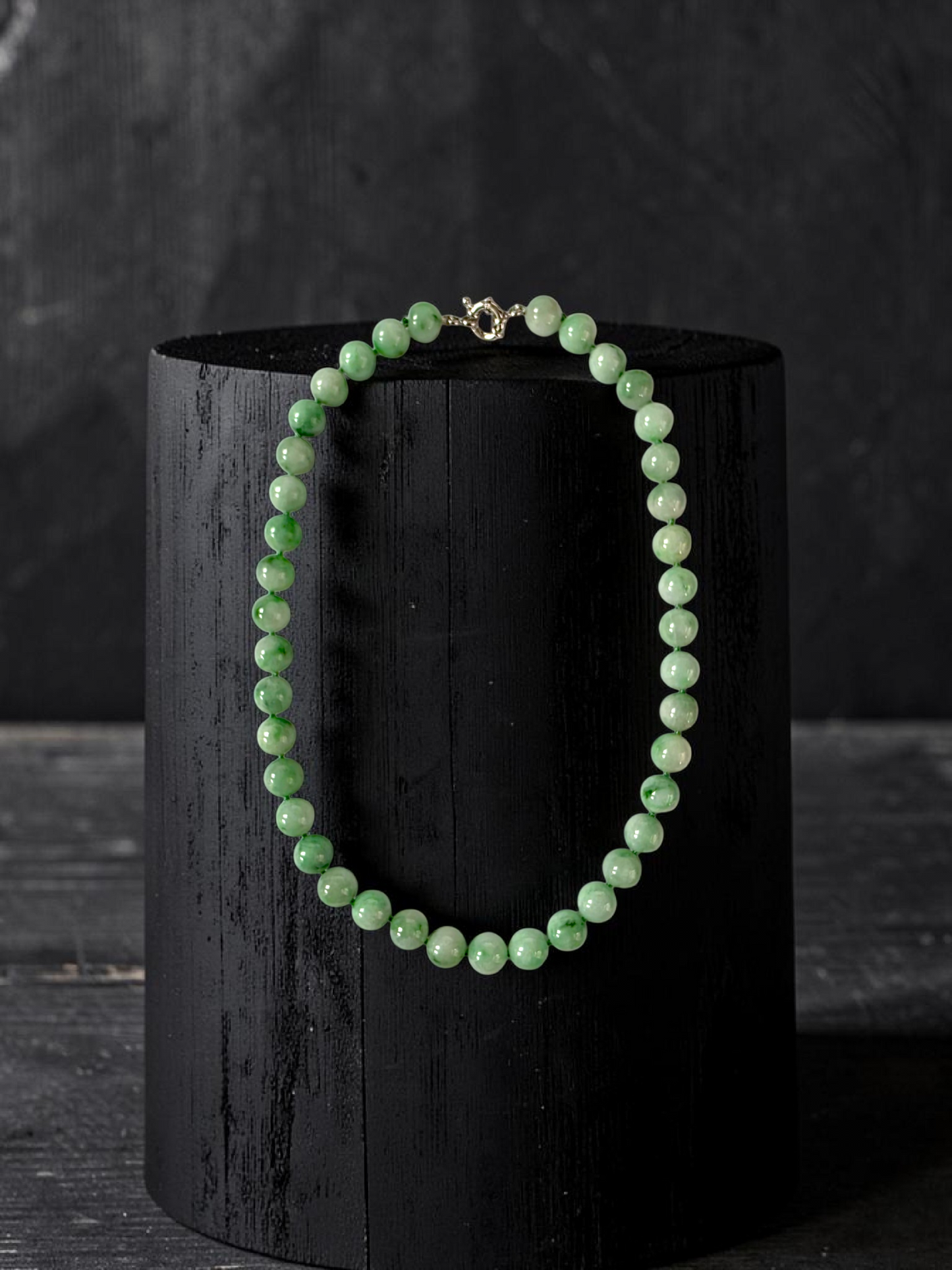 Winter Green Burmese A-Jade Beaded Long Necklace - 18.50 inches (10.50mm Each x 40 Beads) with Sterling Silver 925 - 10018