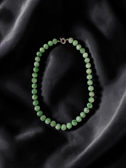 Winter Green Burmese A-Jade Beaded Long Necklace - 18.50 inches (10.50mm Each x 40 Beads) with Sterling Silver 925 - 10018
