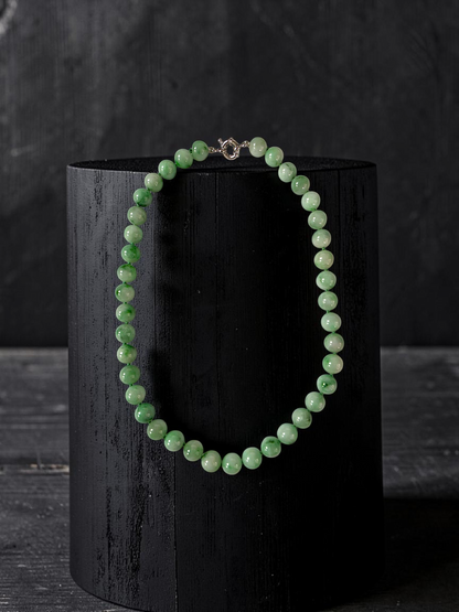 Winter Green Burmese A-Jade Beaded Long Necklace - 18.50 inches (10.50mm Each x 40 Beads) with Sterling Silver 925 - 10018