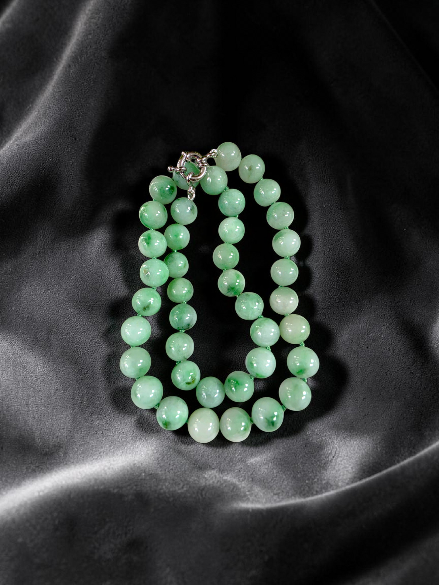 Winter Green Burmese A-Jade Beaded Long Necklace - 18.50 inches (10.50mm Each x 40 Beads) with Sterling Silver 925 - 10018
