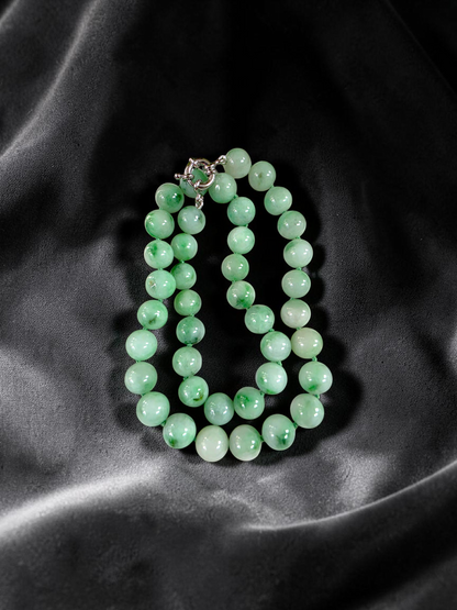 Winter Green Burmese A-Jade Beaded Long Necklace - 18.50 inches (10.50mm Each x 40 Beads) with Sterling Silver 925 - 10018