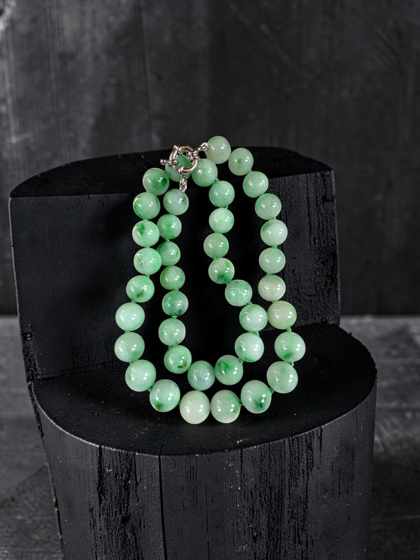 Winter Green Burmese A-Jade Beaded Long Necklace - 18.50 inches (10.50mm Each x 40 Beads) with Sterling Silver 925 - 10018