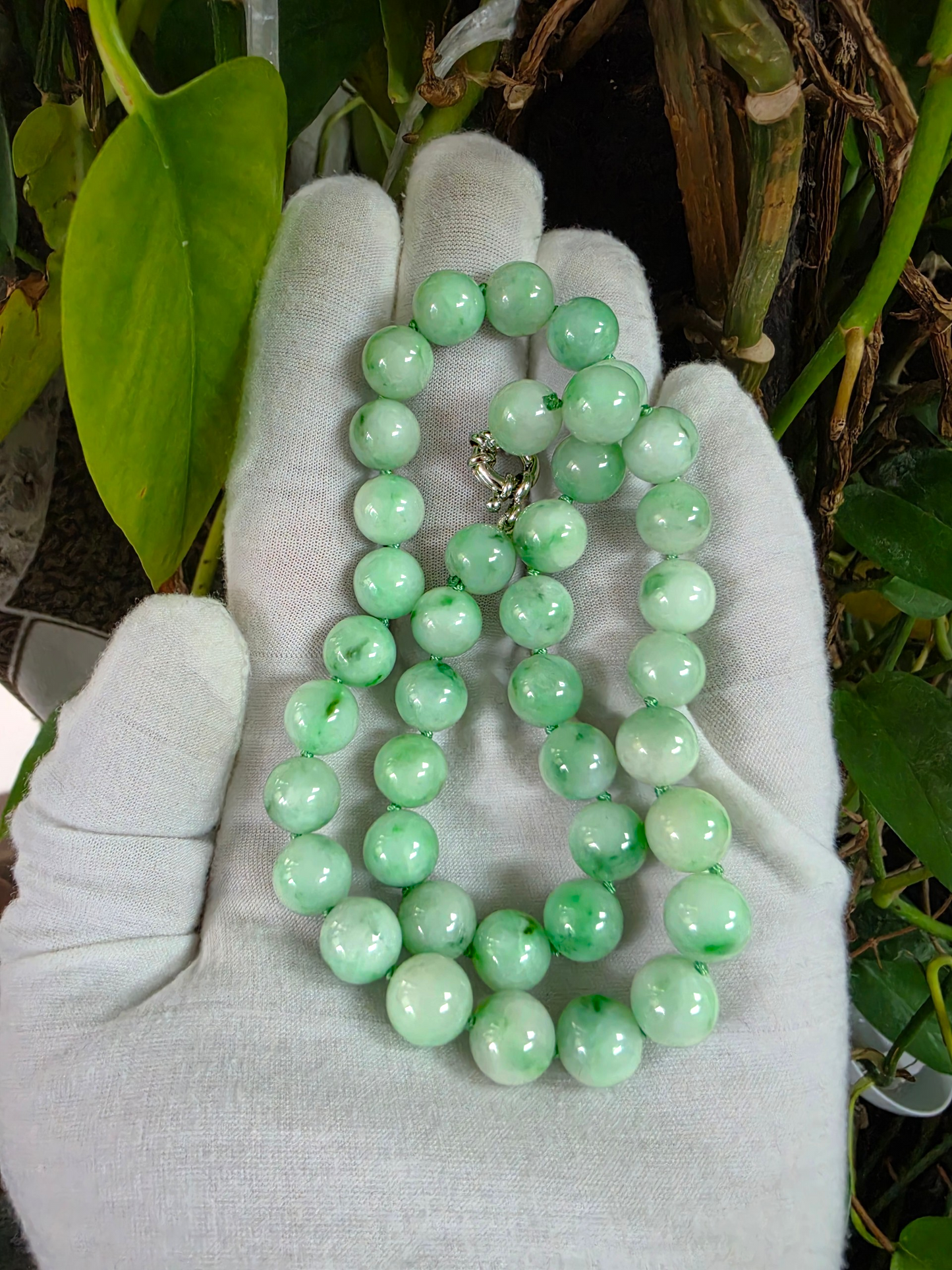 Winter Green Burmese A-Jade Beaded Long Necklace - 18.50 inches (10.50mm Each x 40 Beads) with Sterling Silver 925 - 10018