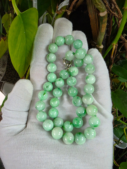 Winter Green Burmese A-Jade Beaded Long Necklace - 18.50 inches (10.50mm Each x 40 Beads) with Sterling Silver 925 - 10018