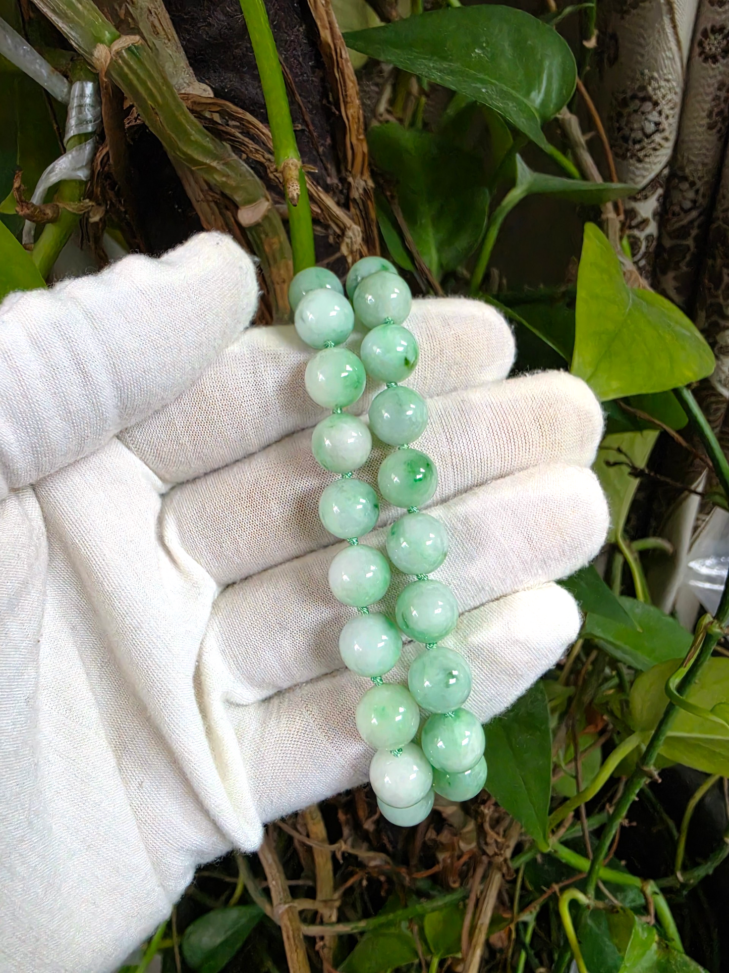 Winter Green Burmese A-Jade Beaded Long Necklace - 18.50 inches (10.50mm Each x 40 Beads) with Sterling Silver 925 - 10018