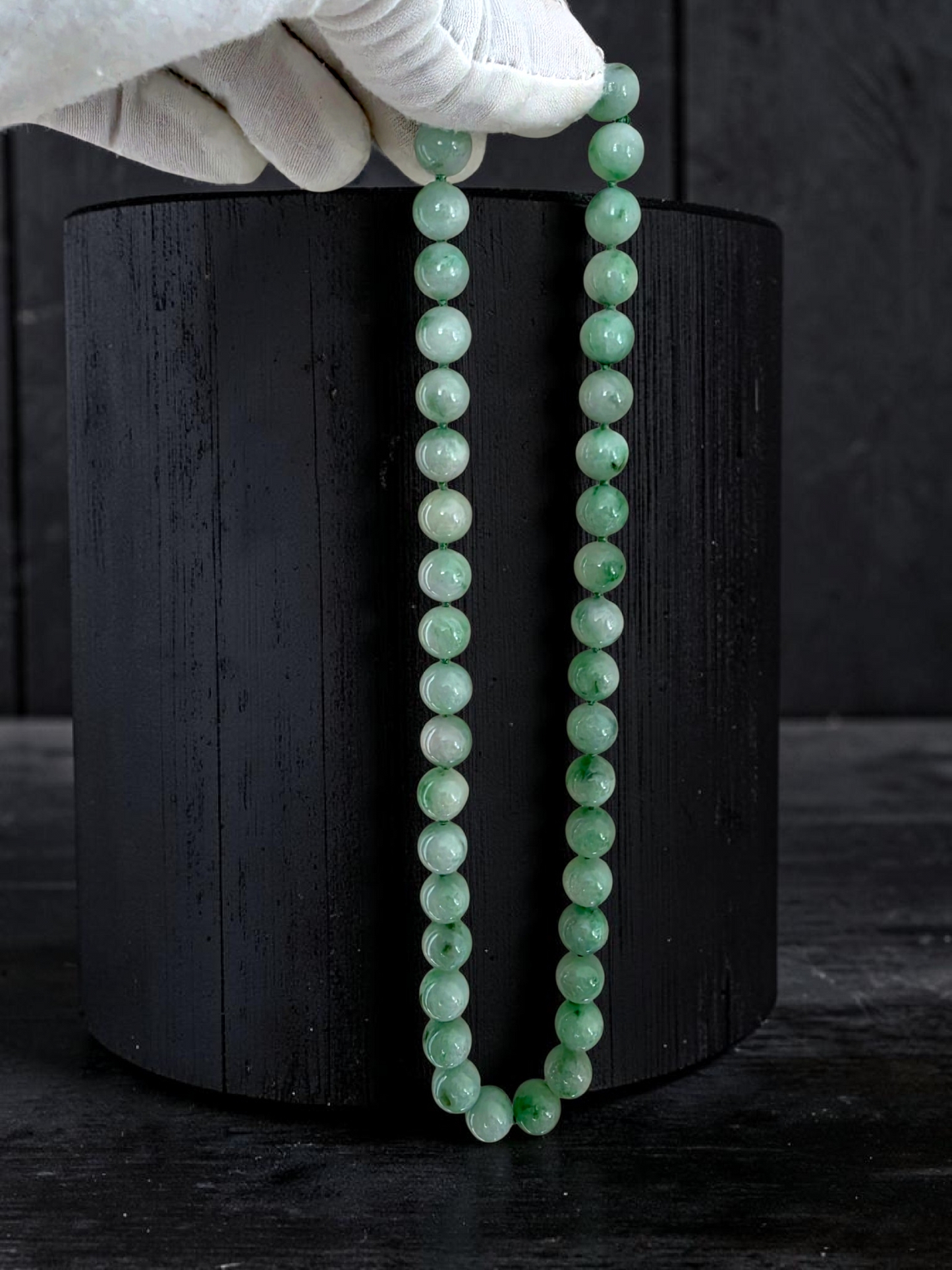 Winter Green Burmese A-Jade Beaded Long Necklace - 18.50 inches (10.50mm Each x 40 Beads) with Sterling Silver 925 - 10018