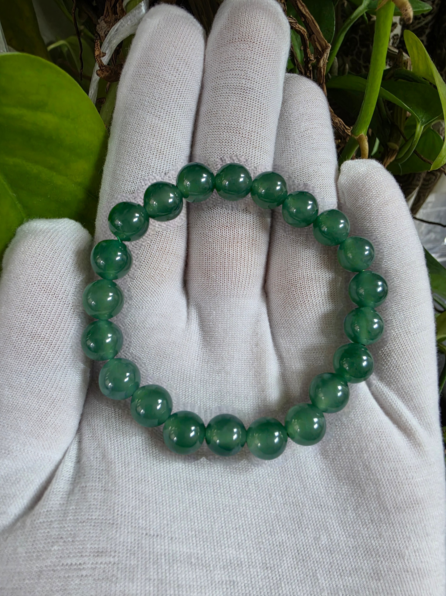Certified Japanese Intense Icy Green Burmese A-Jade Beaded Bracelet (MADE IN JAPAN) (9.50 mm Each x 21 beads) 05059