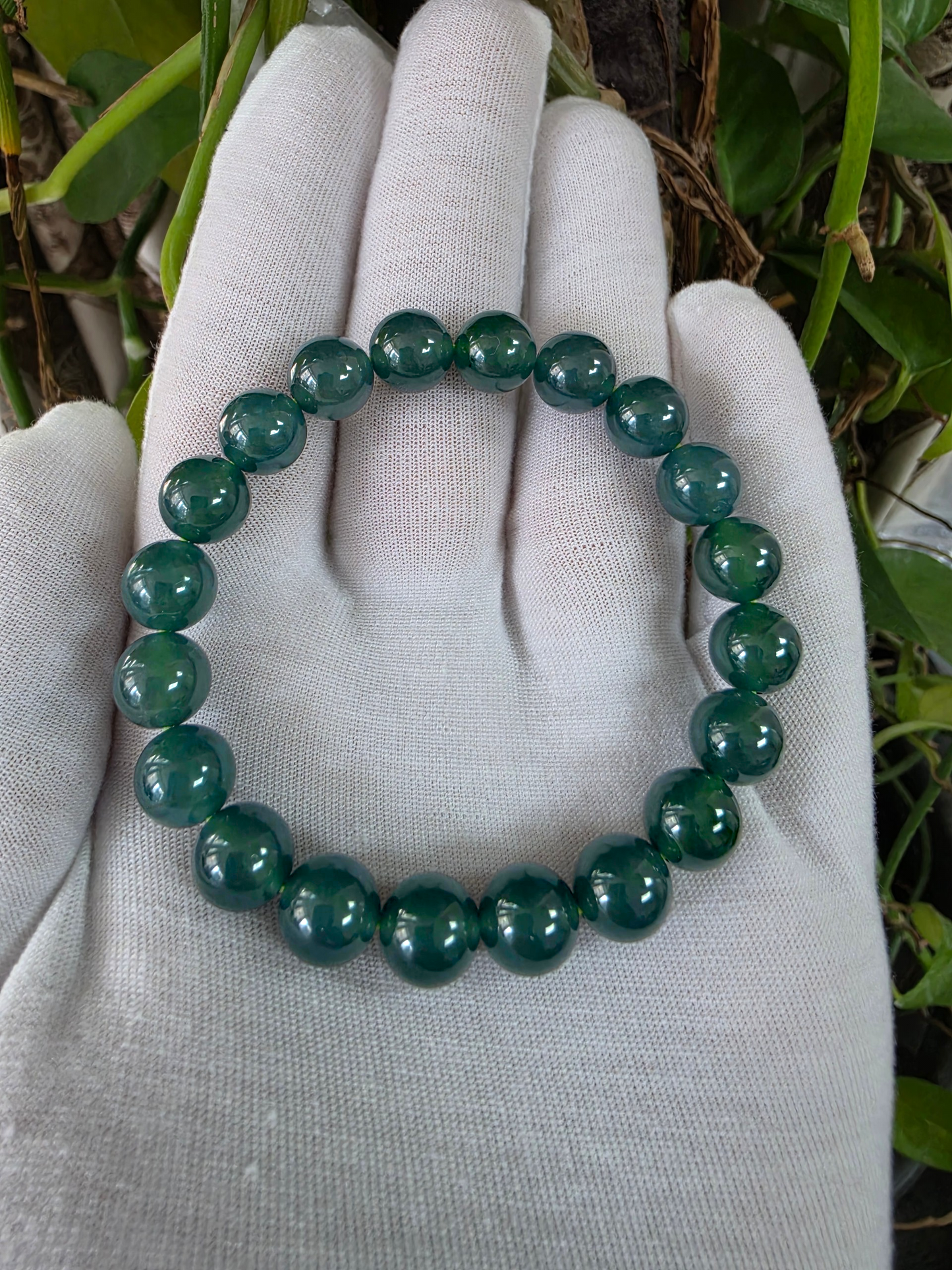 Certified Japanese Intense Icy Green Burmese A-Jade Beaded Bracelet (MADE IN JAPAN) (9.80-10 mm Each x 20 beads) 05060