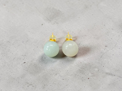 Beads of Eternity 10.50 mm Pale Green and Lavender Burmese A-Jade Stud Earrings (with 18K Yellow Gold) - Certified - V3