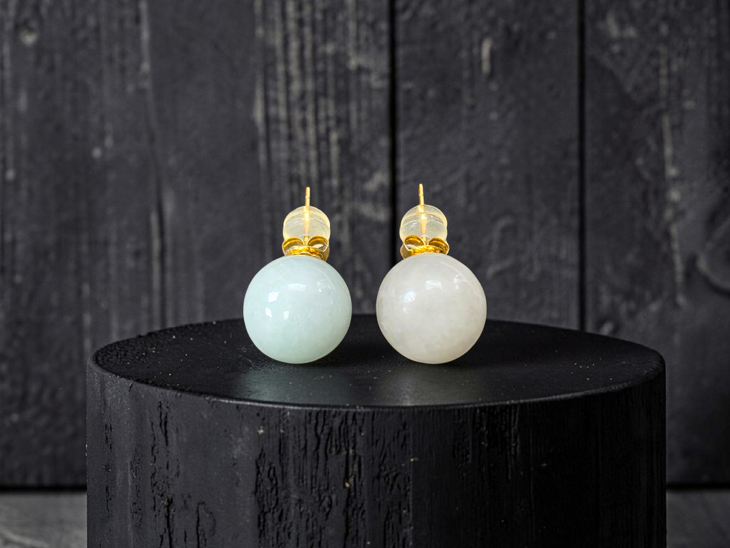 Beads of Eternity 10.50 mm Pale Green and Lavender Burmese A-Jade Stud Earrings (with 18K Yellow Gold) - Certified - V3