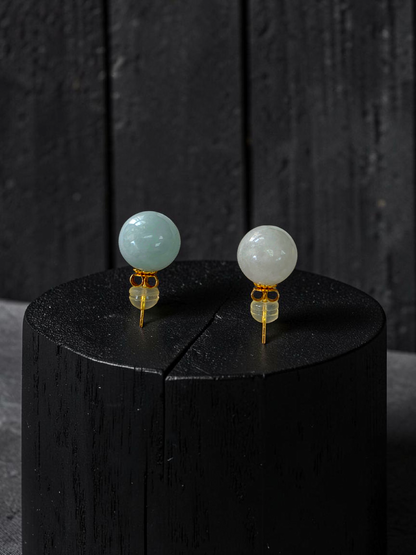 Beads of Eternity 10.50 mm Pale Green and Lavender Burmese A-Jade Stud Earrings (with 18K Yellow Gold) - Certified - V3