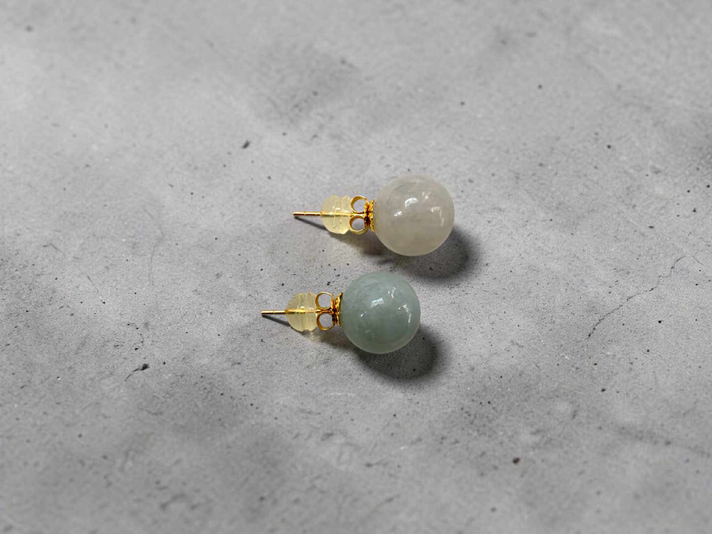 Beads of Eternity 10.50 mm Pale Green and Lavender Burmese A-Jade Stud Earrings (with 18K Yellow Gold) - Certified - V3