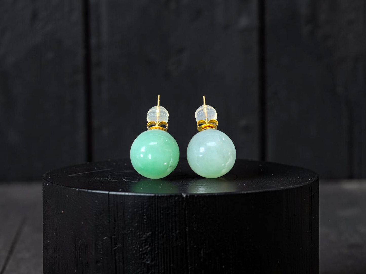 Beads of Eternity 10.50 mm Bright Green Burmese A-Jade Stud Earrings (with 18K Yellow Gold) - Certified - V4