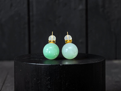 Beads of Eternity 10.50 mm Bright Green Burmese A-Jade Stud Earrings (with 18K Yellow Gold) - Certified - V4
