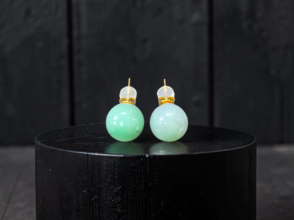 Beads of Eternity 10.50 mm Bright Green Burmese A-Jade Stud Earrings (with 18K Yellow Gold) - Certified - V4