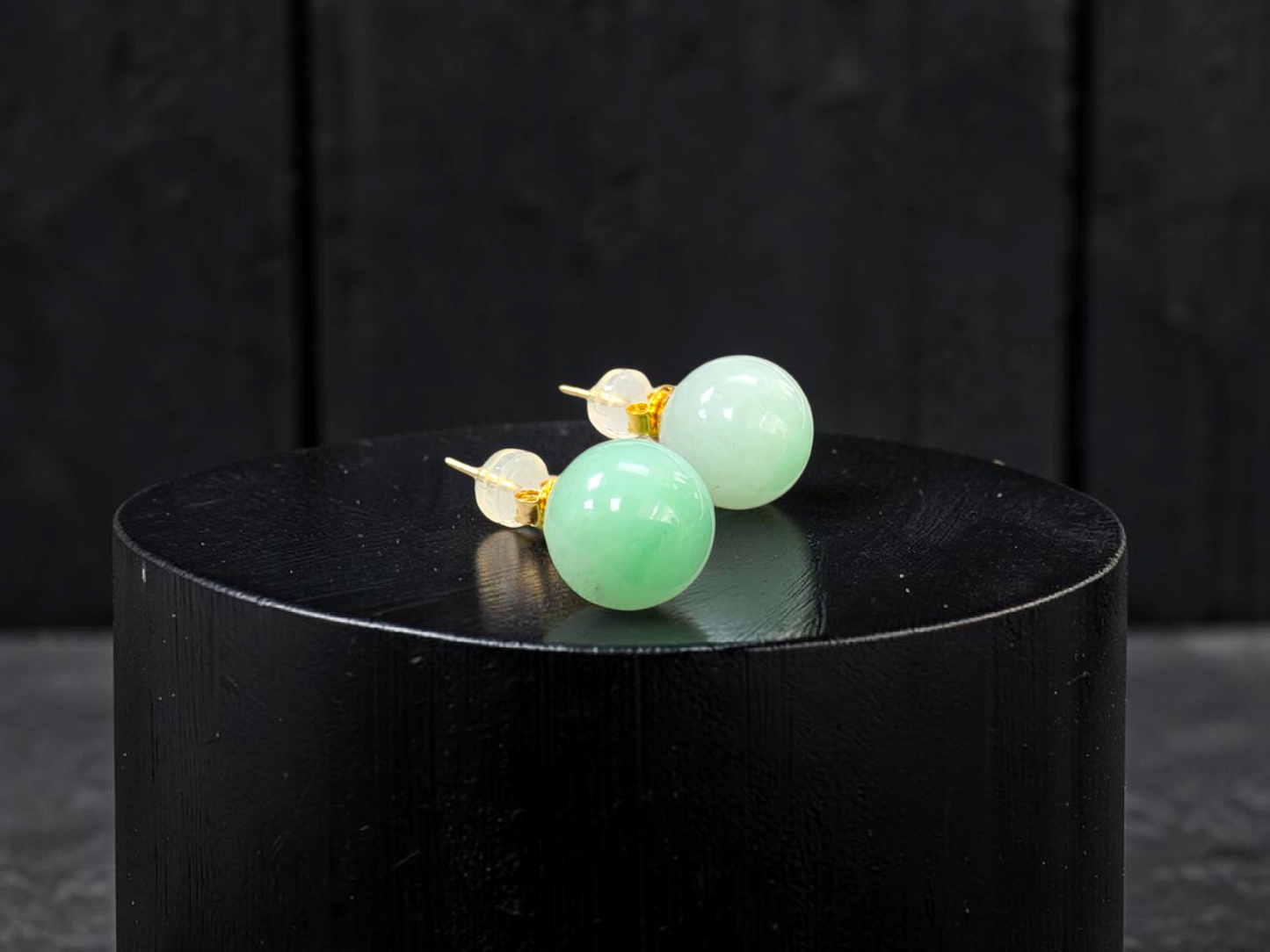 Beads of Eternity 10.50 mm Bright Green Burmese A-Jade Stud Earrings (with 18K Yellow Gold) - Certified - V4