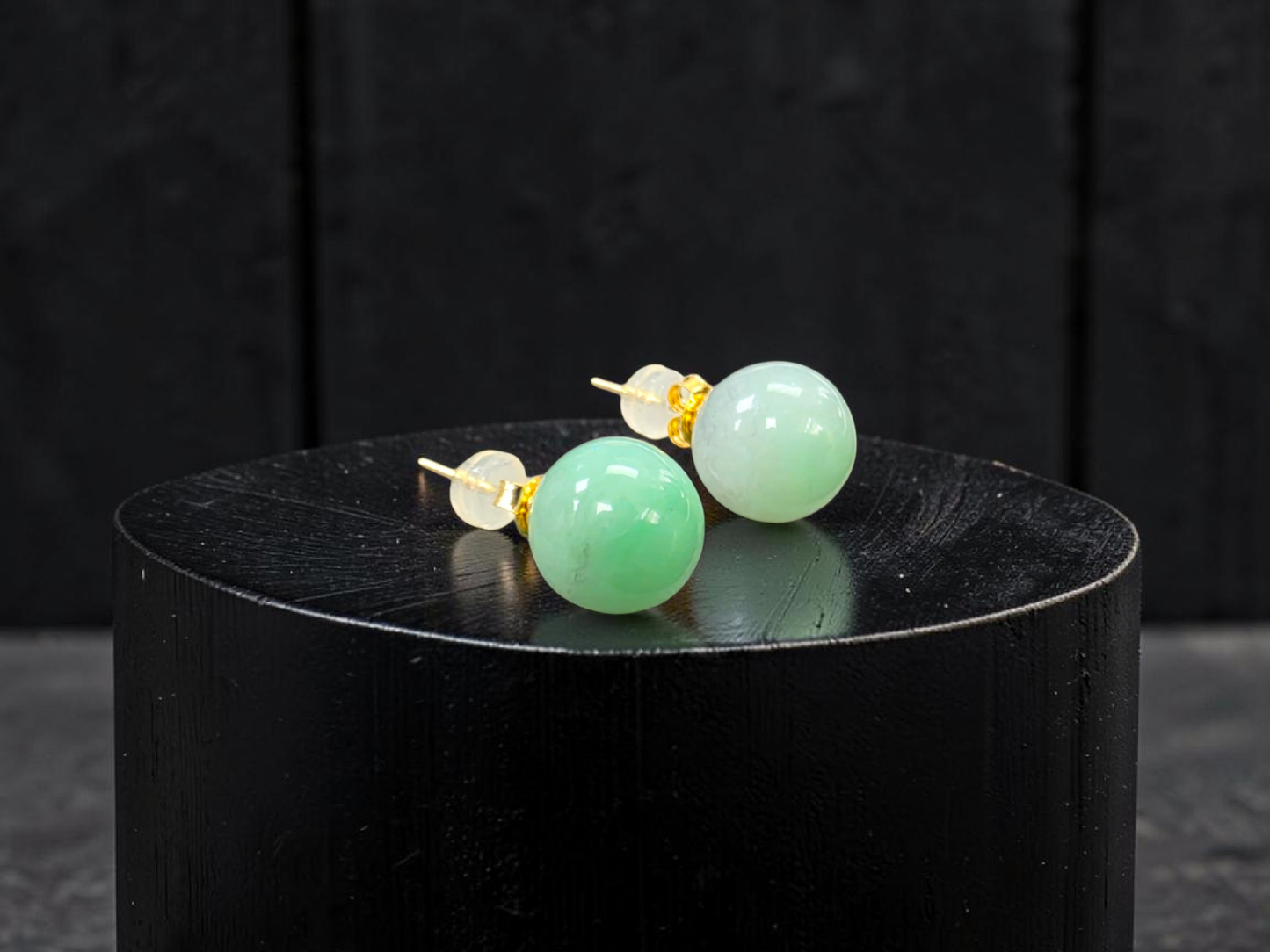 Beads of Eternity 10.50 mm Bright Green Burmese A-Jade Stud Earrings (with 18K Yellow Gold) - Certified - V4