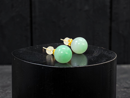 Beads of Eternity 10.50 mm Bright Green Burmese A-Jade Stud Earrings (with 18K Yellow Gold) - Certified - V4