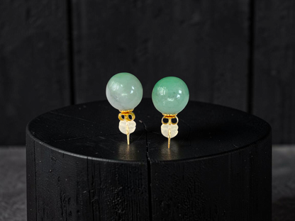 Beads of Eternity 10.50 mm Bright Green Burmese A-Jade Stud Earrings (with 18K Yellow Gold) - Certified - V4