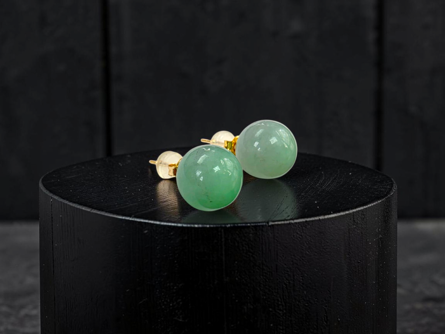 Beads of Eternity 10.50 mm Bright Green Burmese A-Jade Stud Earrings (with 18K Yellow Gold) - Certified - V4