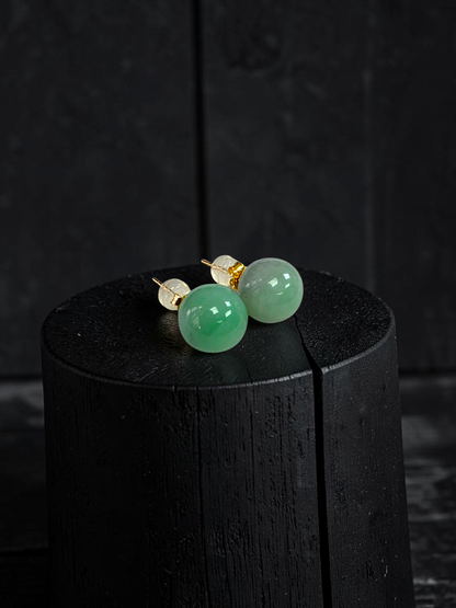 Beads of Eternity 10.50 mm Bright Green Burmese A-Jade Stud Earrings (with 18K Yellow Gold) - Certified - V4