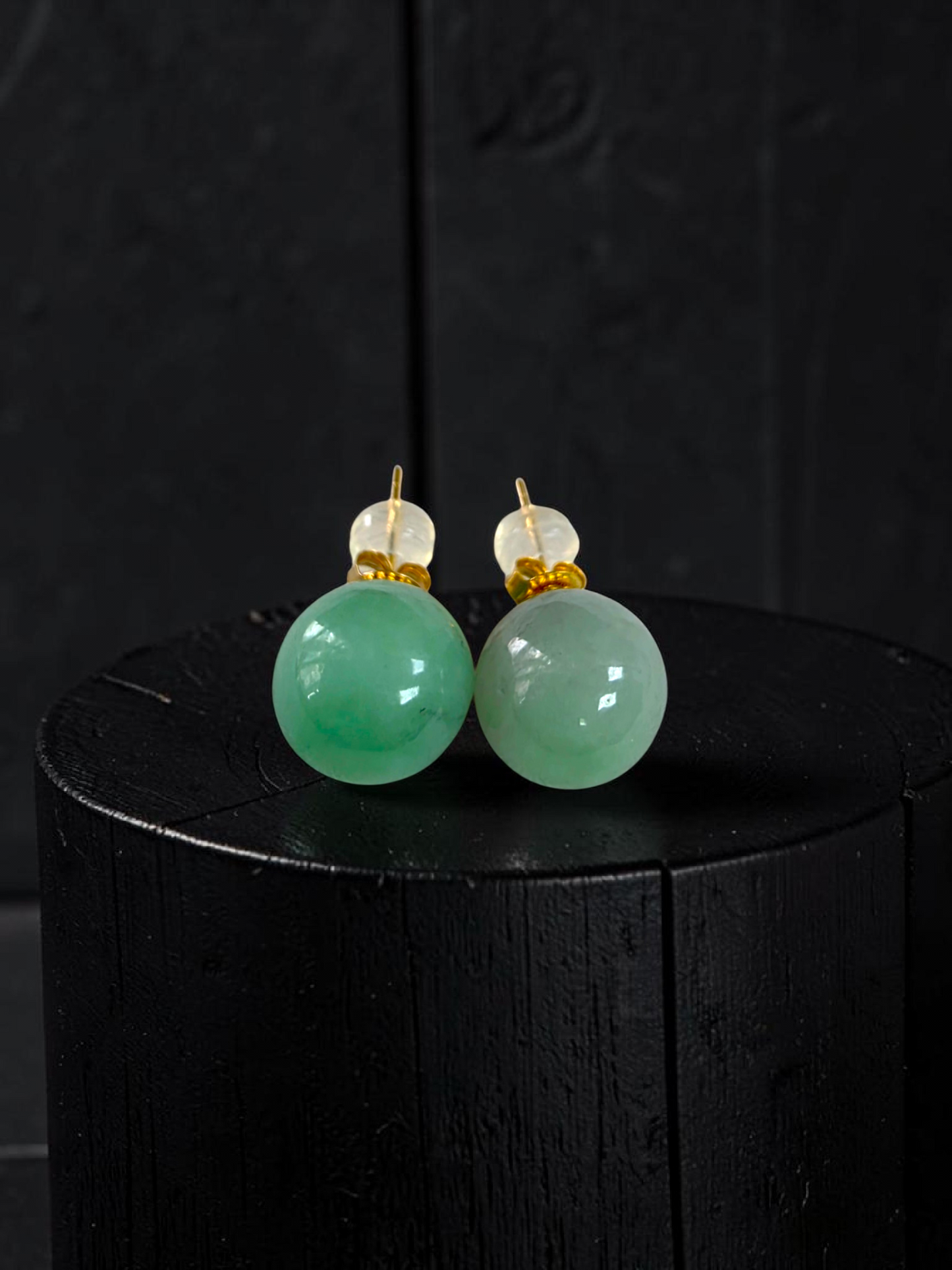 Beads of Eternity 10.50 mm Bright Green Burmese A-Jade Stud Earrings (with 18K Yellow Gold) - Certified - V4