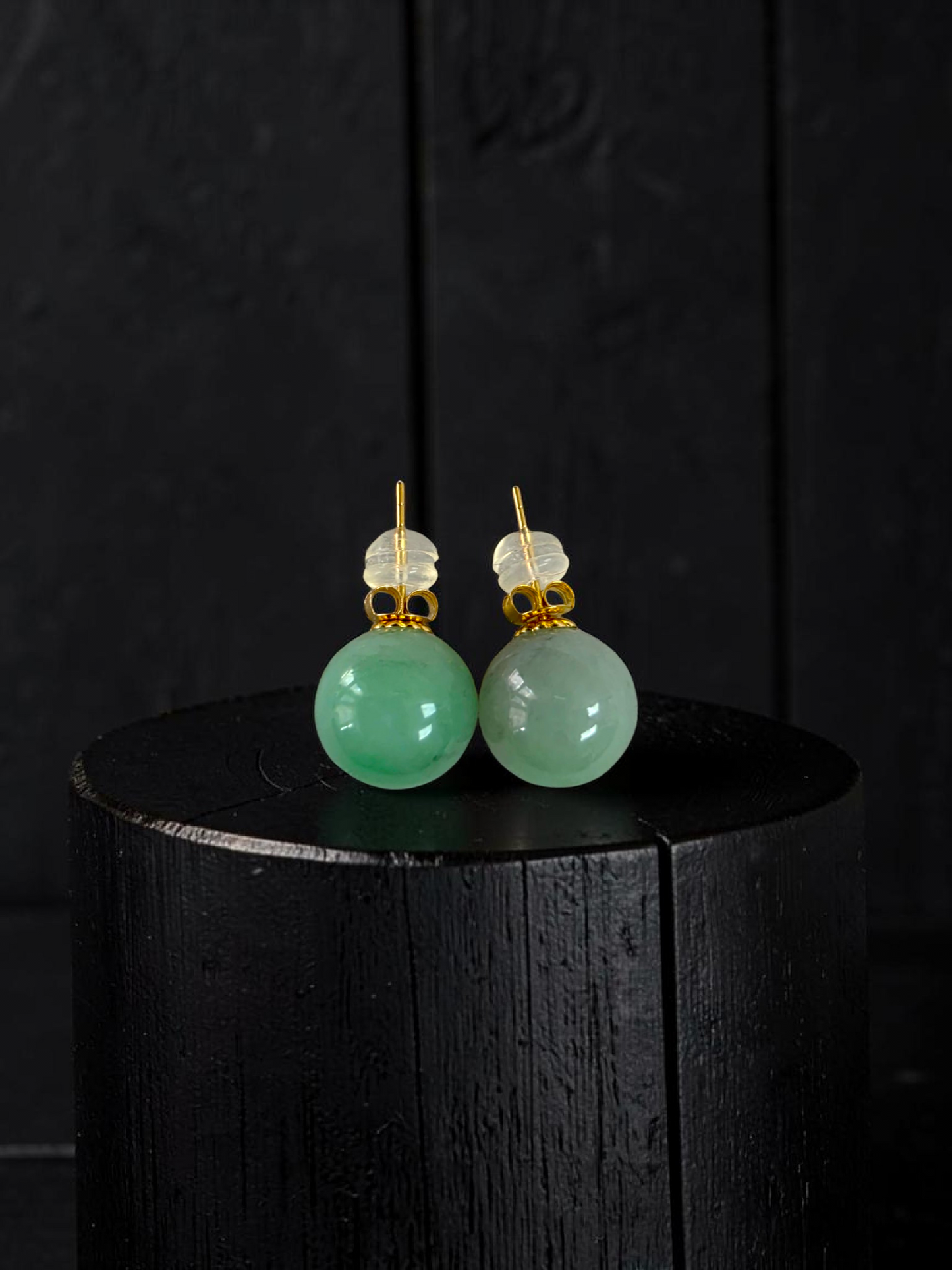 Beads of Eternity 10.50 mm Bright Green Burmese A-Jade Stud Earrings (with 18K Yellow Gold) - Certified - V4